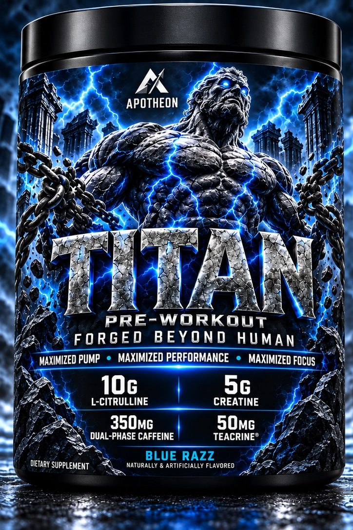 APOTHEON TITAN pre-workout tub: chained stone Titan with electric-blue lightning
